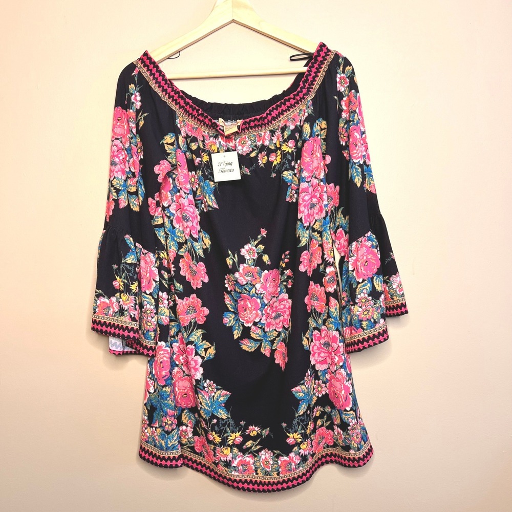 Flying Tomato NWT Black Floral Bell Sleeve Off Shoulder Dress Boho Party S